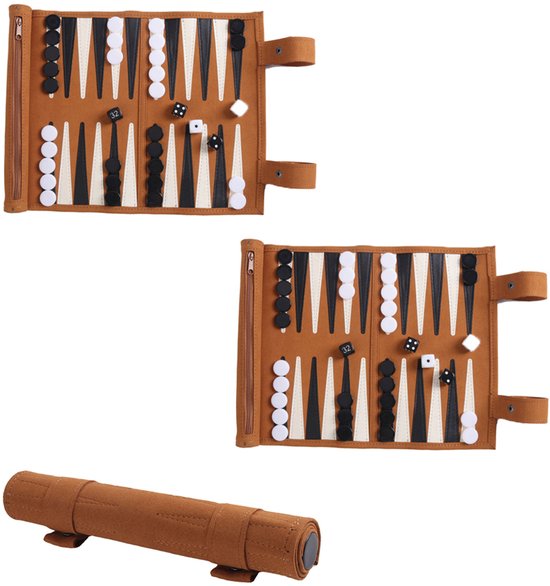Lot de 2 Backgammon - Set de jeu de Backgammon - Jeu de Backgammon - Plateau enroulable - Pliable - Léger et portable - Jeu de société - 35,5*25cm - Idéal pour voyages en camping-car, croisières, avion, camping, backpacking, road trips - Brun