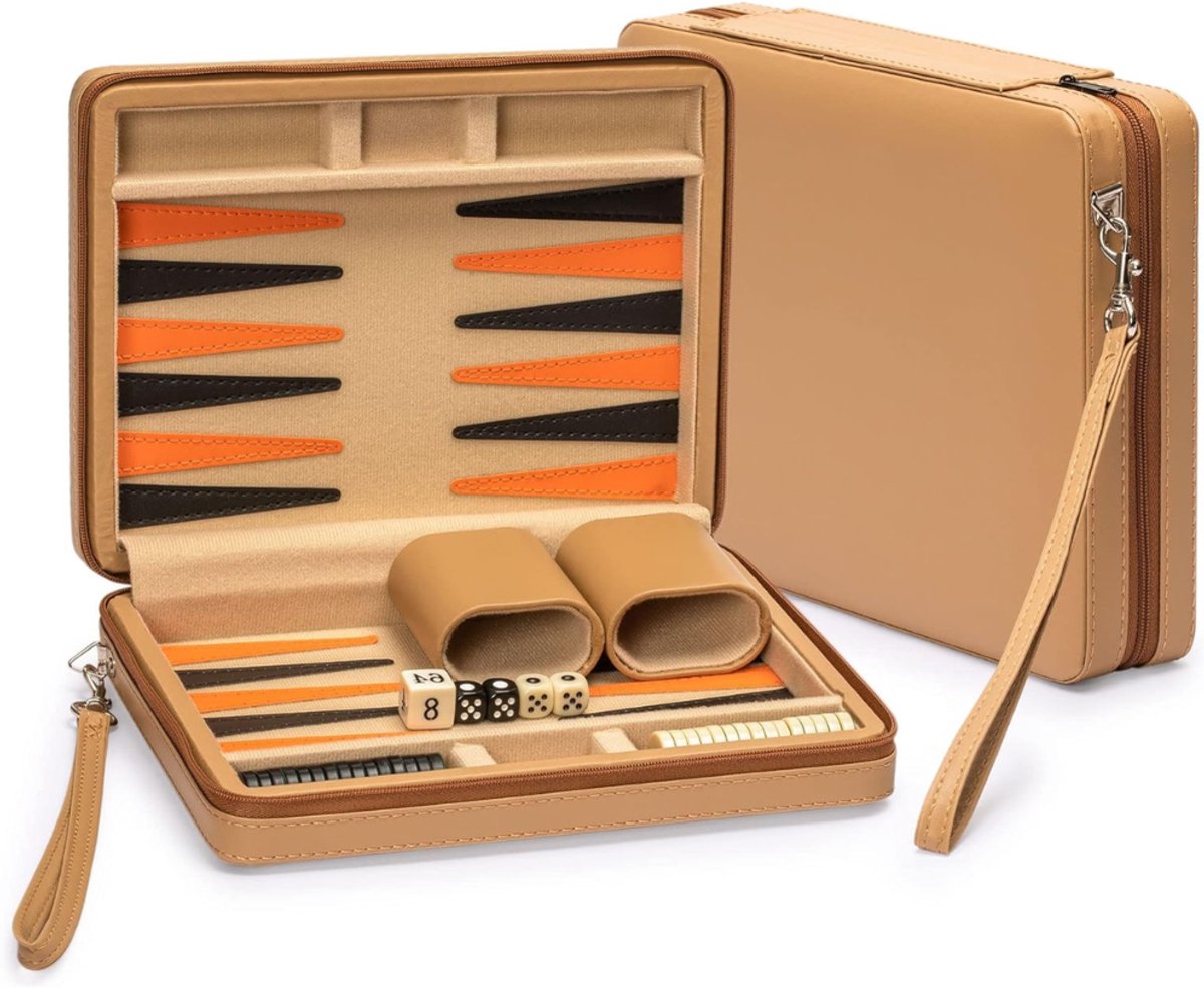 Quvo® Backgammon Koffer – Luxe Backgammon Set Van Kunstleder – Bordspel – Reisspel Set - Draagbaar – Set Spelers- Zwart- 24cm x 23cm x 1cm