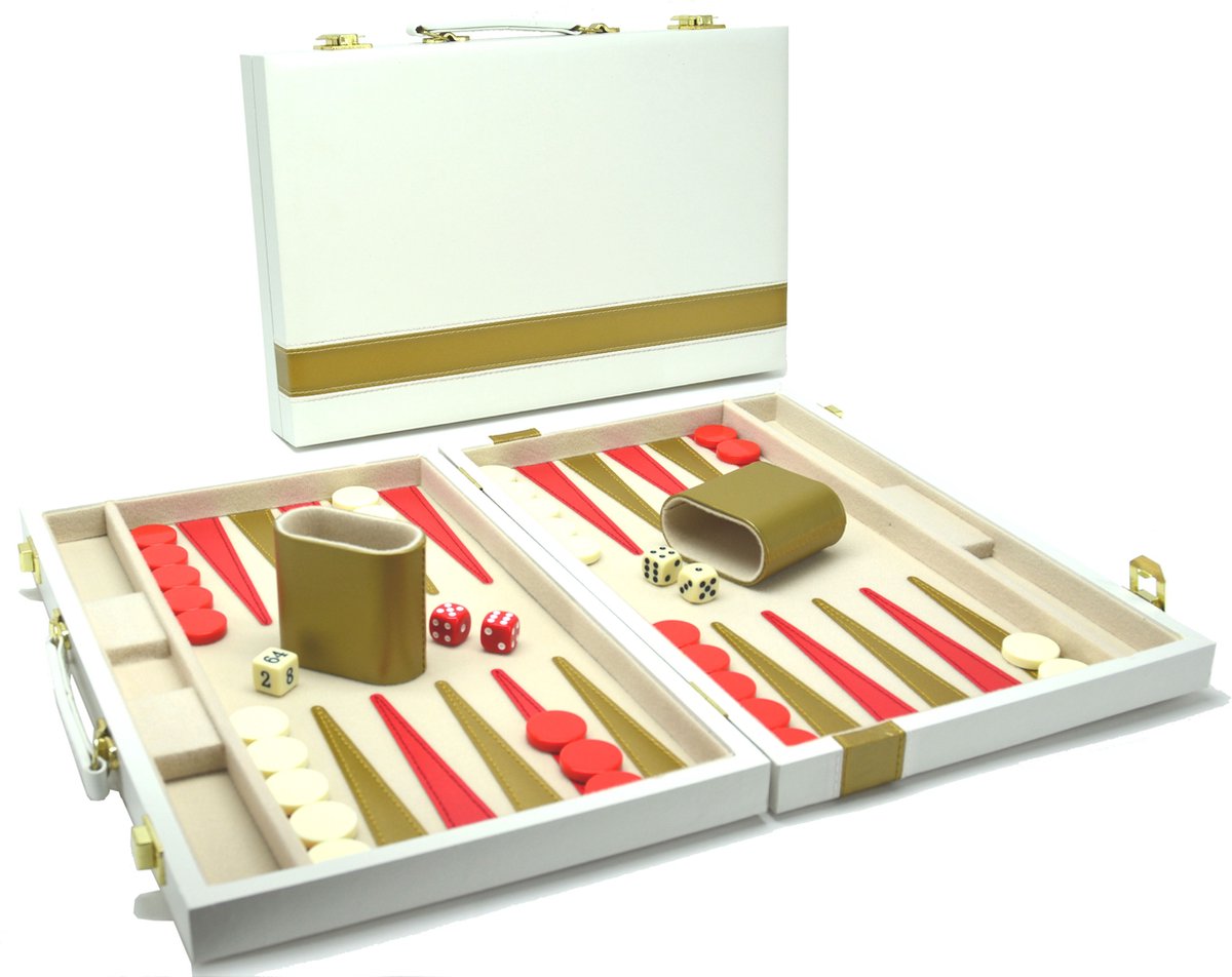HOT Games Mallette de Backgammon 38 cm blanc avec liseré doré jeu de société classique.
