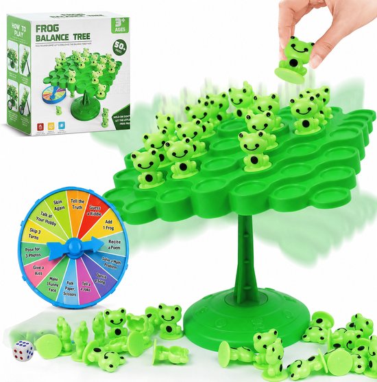 Kikker Balansspel – Frog Balance Tree Bordspel – 50 Kikkers met Dobbelsteen & Draaischijf – Interactief Evenwichtsspel – Montessori Speelgoed – 13 x 13 x 16 cm – Jaar