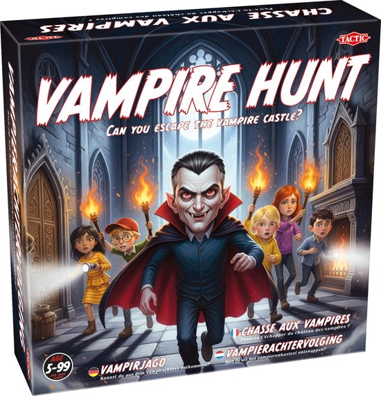 Tactic Vampire Hunt - Jeu de société - Jeu familial - Échappez-vous du château du vampire - Jeu d'aventure stratégique - Évitez le(s) vampire(s) et trouvez la sortie - Jeu captivant pour enfants et familles - De 2 à 6 joueurs - Dès 5 ans