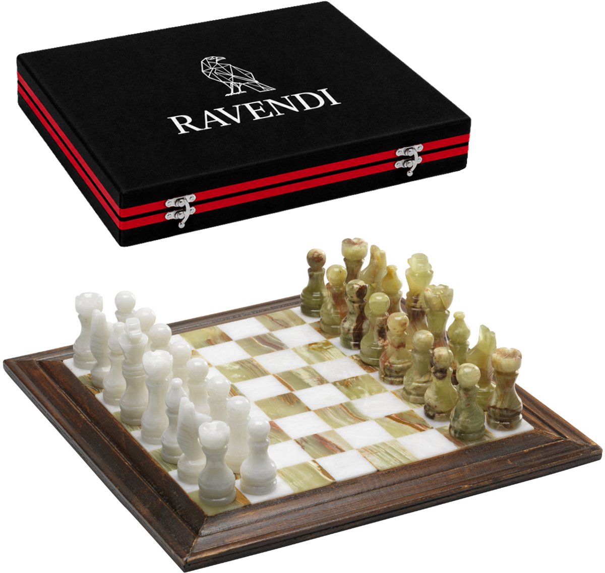 Ravendi Smaragd – Jeu d'échecs de luxe en marbre – Avec bords en bois – Échiquier décoratif fait main avec pièces d'échecs – 31x31 cm – Jeu d'échecs en pierre d'onyx – Échecs haut de gamme – Avec coffret de rangement de luxe – Décoration intérieure – Cadeau idéal