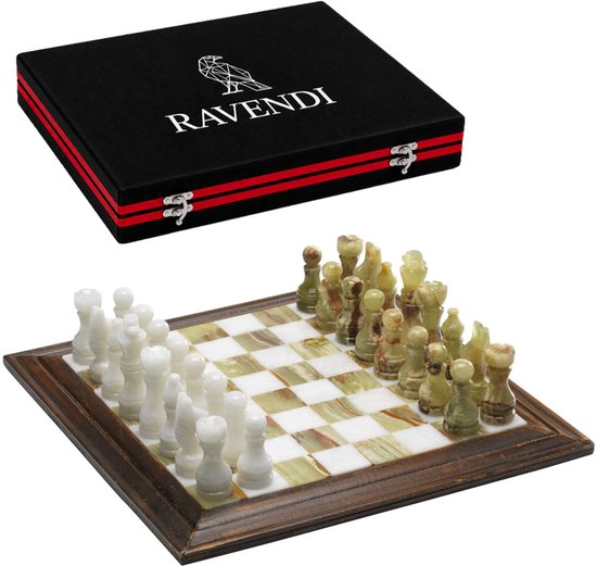 Ravendi Smaragd – Luxe Marmeren Schaakset – Met Houten Randen – Handgemaakt Decoratief Schaakbord met Schaakstukken – 31x31 cm – Onyx Stone Chess Set – Premium Schaken – Schaakspel – Met Luxe Opbergsysteem – Home Decor – Ideaal cadeau