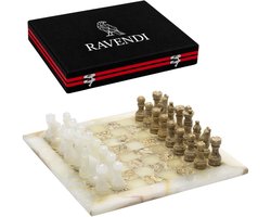 Ravendi Regalia – Luxe Marmeren Schaakset – Witte Onyx en Koraalsteen – Handgemaakt Decoratief Schaakbord met Schaakstukken – 31x31 cm – Coral Stone Chess Set – Premium Schaken – Schaakspel – Met Luxe Opbergsysteem – Home Decor – Ideaal cadeau