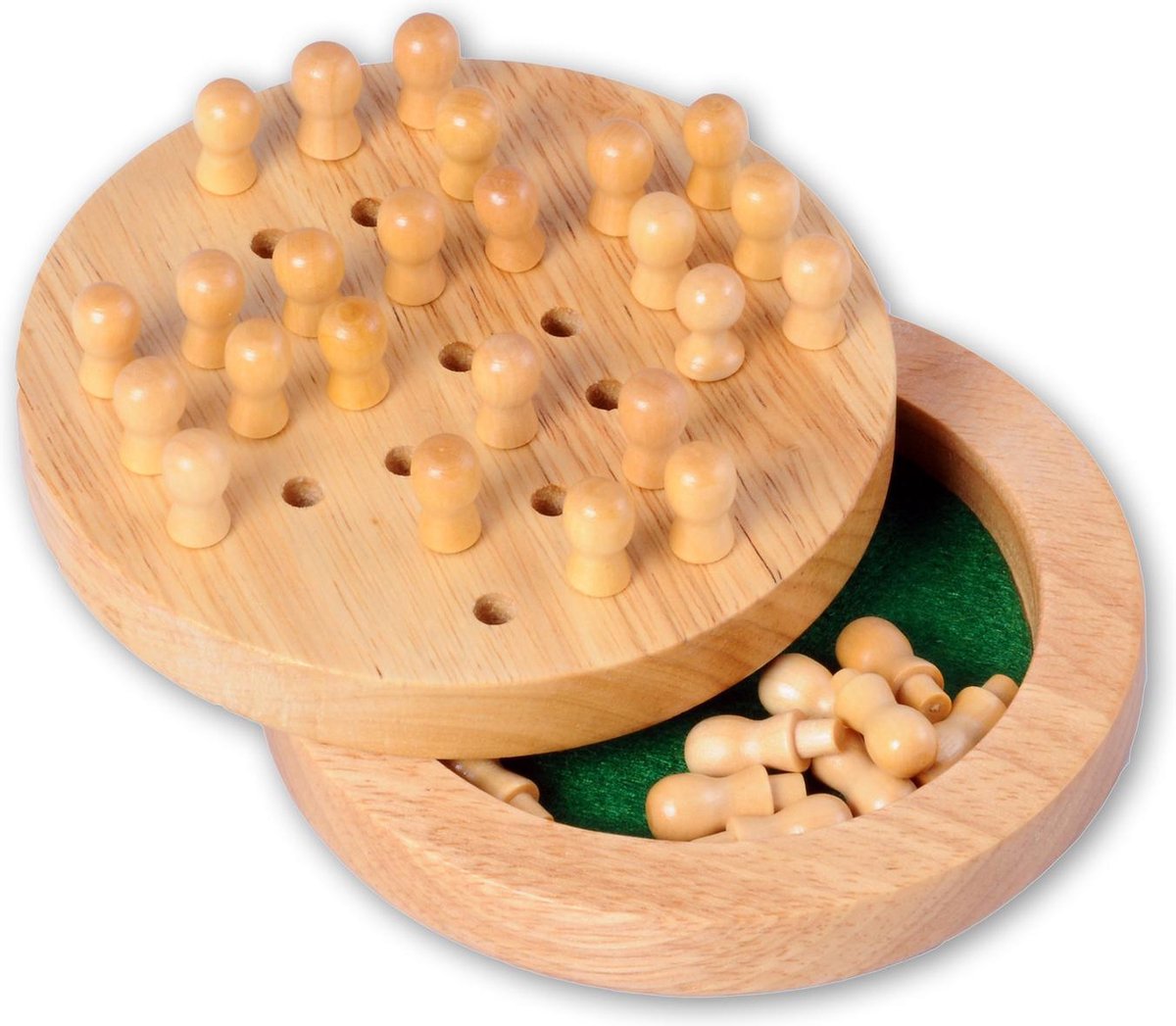 Solitair Mini – Rubberhout – Met Deksel – Reisformaat Ø 12 cm – Houten Solitaire Bordspel – Compact Denkspel voor Onderweg – Engelhart