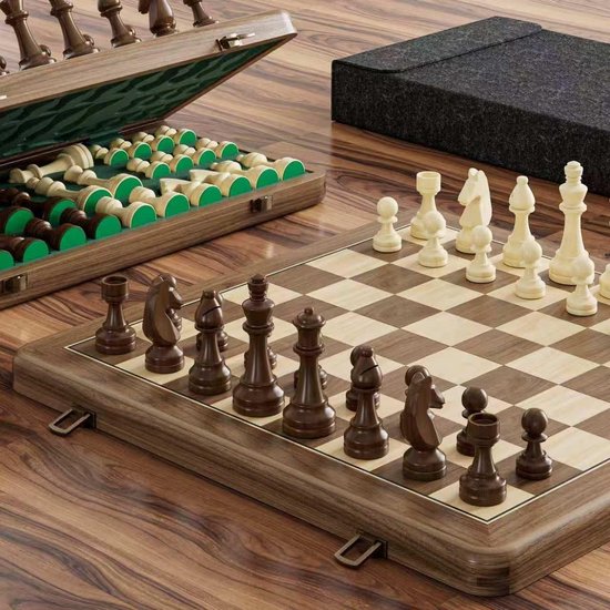 Schaakstenen - Donkergroen - Schaakspel van Walnootlook Hout - Klassiek Strategiespel + Jaar