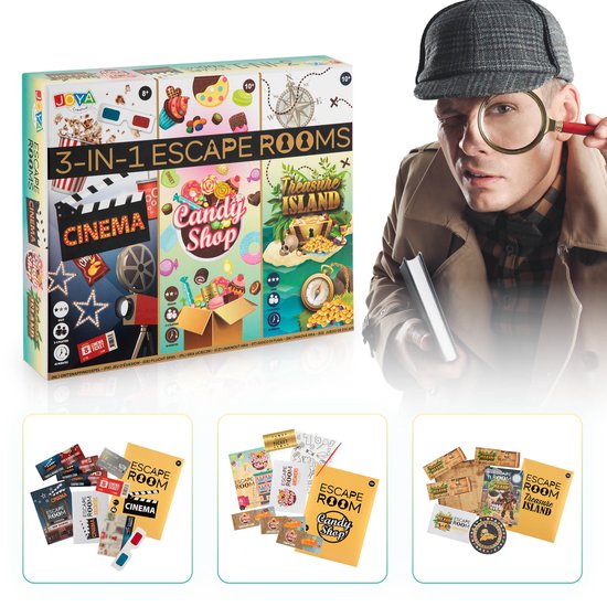 Escape Room Spellen 3in1 - Breinbreker - Geschikt voor hele gezin - 2tot4 spelers - speelduur 45 min per thema - jaar - Joya Creative