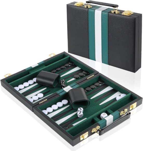 Thuys - Backgammon Koffer – Lederen Bordspel – Reisspel - Zwart met groen