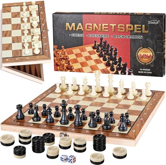 Schaakstenen - Hout - 29 x 29 cm - 3-in-1 Opvouwbaar Schaakspel voor Reizen en Familiebijeenkomsten