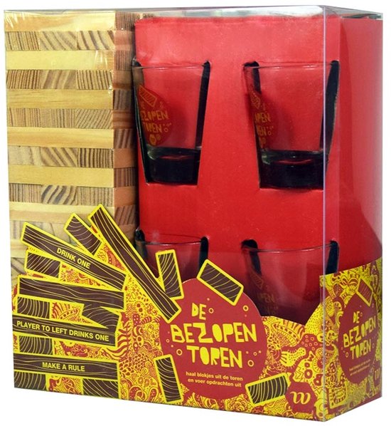 Jeu à boire Tour chancelante - Shots - 60 blocs en bois - Avec défis imprimés - Incl. 4 verres à shot - Jenga - De Bezopen Toren