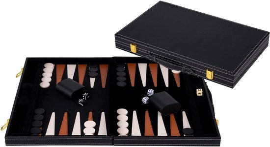 Backgammon 18 pouces - Plateau Surpiqué Brun & Ivoire - Mallette Noire avec Poignée - Édition Voyage Deluxe - Engelhart