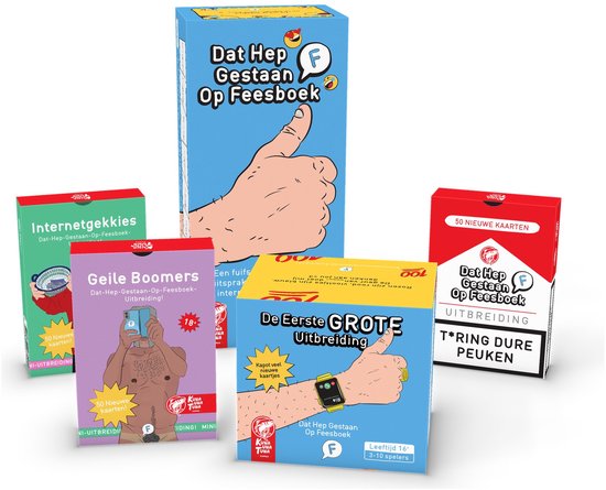 Jeu de base + 4 extensions | DAT HEP GESTAAN OP FEESBOEK - Jeu de cartes + 4 EXTENSIONS - Geile Boomers - Internetgekkies - T*ring Dure Peuken - De Eerste Uitbreiding