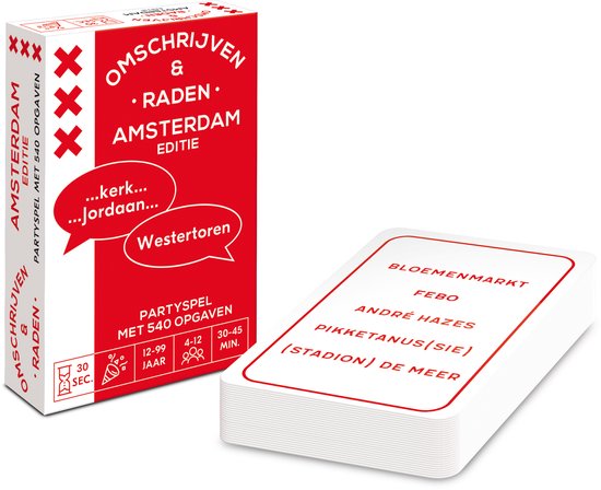 Omschrijven & Raden - Amsterdam editie - Kaartspel - pocketformaat raadspel / partyspel -12 spelers - 30 seconden tijdlimiet per 5 begrippen / totaal 540 typisch Amsterdamse begrippen