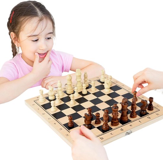 Jeu d'échecs - Jeu de dames - Jeu de réflexion stratégique - Modèle pliable et portable - 35x34 cm déplié - Couleur bois