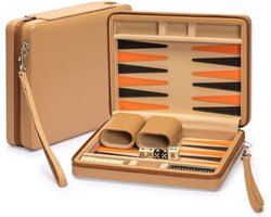 CLVP® Backgammon Koffer – Luxe Backgammon Set – Lederen Bordspel – Reisspel Set - Draagbaar – Bruin
