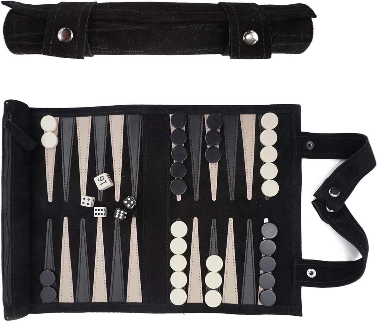 Aura® Backgammon Koffer – Luxe Backgammon Set – Lederen Bordspel – Zwart - 26cm x 6cm x 6cm