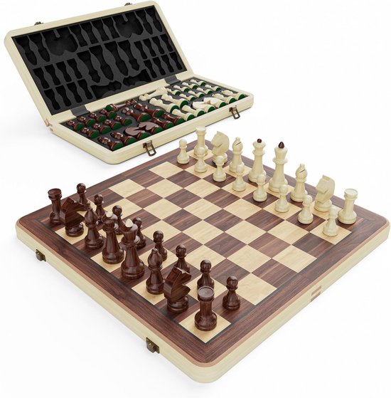 Schaakstenen - Gemakkelijk - 38 cm x 38 cm - Opvouwbaar houten schaak- en damspel - Voor volwassenen en kinderen