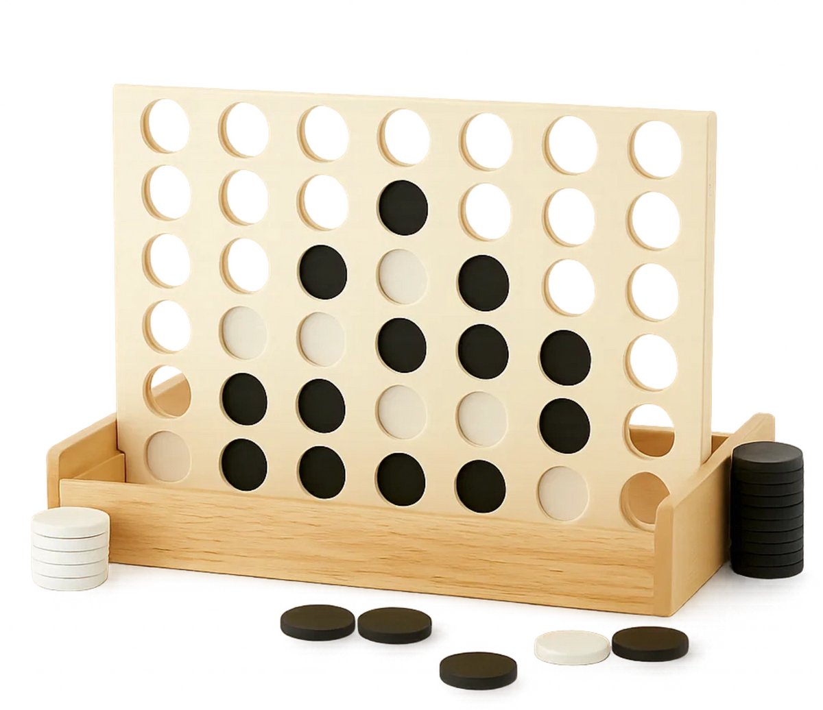 Lomera 4 en Ligne - Jeu de Voyage - Plateau de Jeu en Bois - Format Compact - Léger - Facile à Emporter - Jeu de Stratégie - 2 Joueurs - Pions Noirs et Blancs - Design Pliable - Jeu Classique - Jeu de Société - Jeu de Vacances