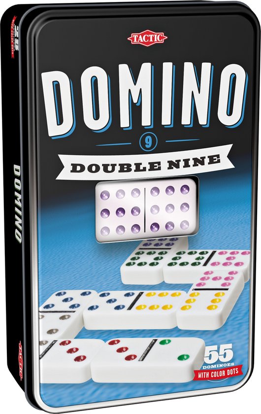 Tactic Domino Double Nine – Bordspel – Luxe Tin – Uitgebreid Dominospel met Gekleurde Stenen – Jaar – 2 of Meer Spelers