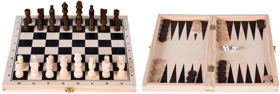 Opklapbare Schaak & Backgammon Set – Berkenhout – Houten Schaakstukken Koning 60 mm – Spelbord 29 x 29 cm – Luxe Houten Spelset – 2 spellen in 1 - Engelhart
