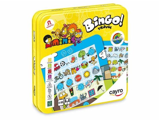 Cayro Bingo Travel - Magnetisch Reisspel voor Kinderen en Familie - Auto Bingo Observatiespel op Reis - 2 Spelers - Speelduur 10 Minuten - Jaar - The Minis Collectie - Compacte Metalen Speeldoos