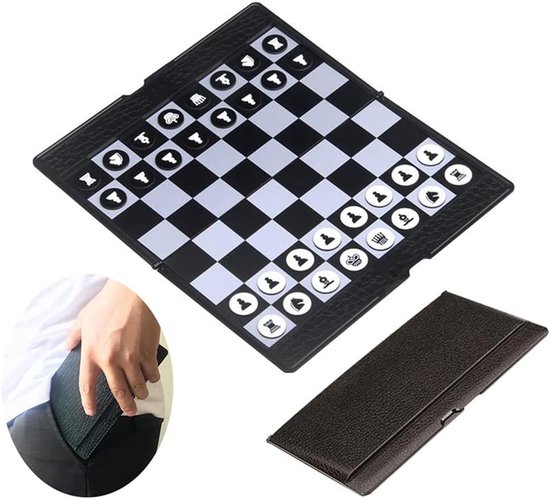 Schaakspel Portemonnee - Mini Bordspel Opvouwbaar Schaakbord - Reis Spel - Magnetisch Ontwerp - 20 x 9 cm - Zwart