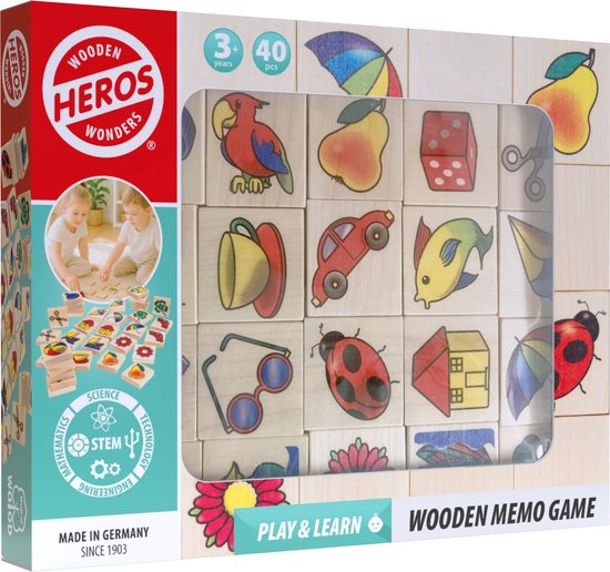 Heros Houten Memospel – Bordspel – 40 Stuks – Educatief Geheugenspel – FSC Hout – Gemaakt in Duitsland – Jaar