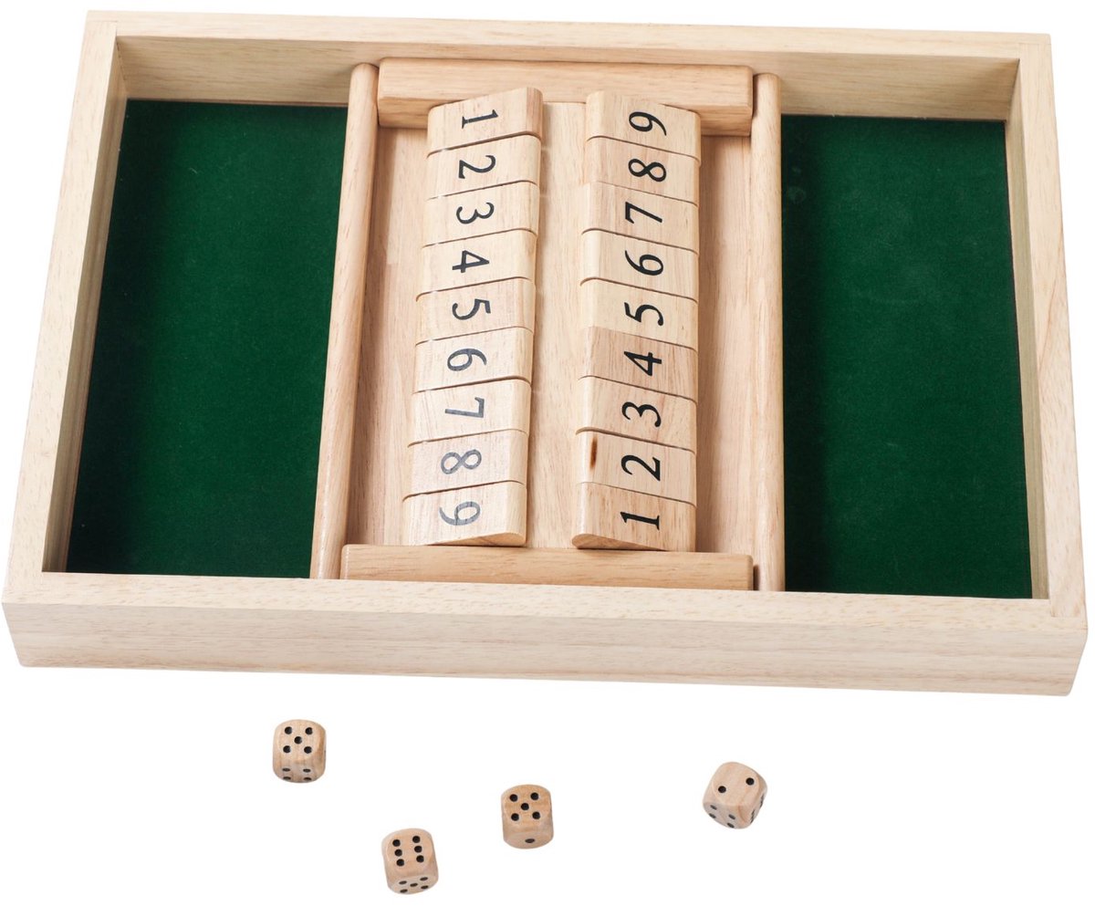 Shut The Box Double – 34 x 24 cm – Jeu de dés en bois d'hévéa avec piste en feutrine – 4 dés inclus – Jeu de société – Engelhart
