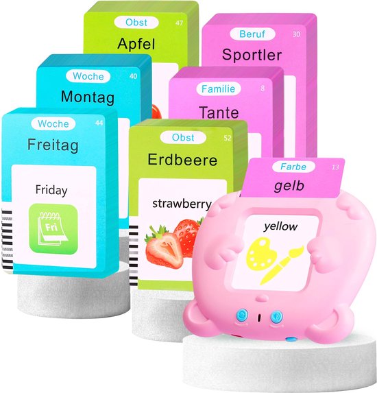 Leerzaam speelgoed-Educatieve spellen-Montessori speelgoed-Woordjes Leren-Duits & Engels Gesproken-Praten Flashkaarten-voor Autisme Peuters Meisjes Jongens 2 3 4 5 6 Jaar-kindercadeaus-Kinderspeelgoed-roze-255 vellen 510 woorden