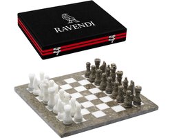 Ravendi Échelon – Luxe Marmeren Schaakset – Onyx & Wit Marmer – Handgemaakt Decoratief Schaakbord met Schaakstukken – 31x31 cm – Sanddune & White Chess Set – Premium Schaken – Schaakspel – Met Luxe Opbergsysteem – Home Decor – Ideaal cadeau