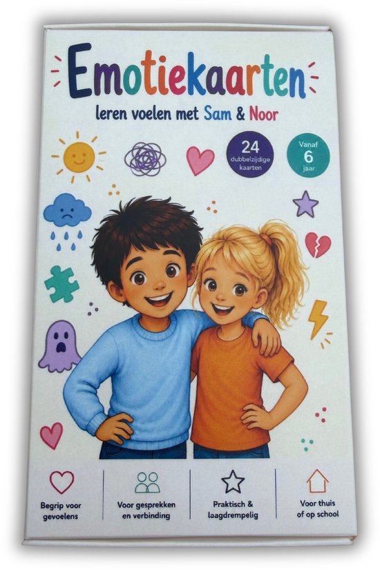 Emotie kaarten | Leren voelen met Sam & Noor | 24 emotiekaarten voor kinderen | Gevoelens herkennen en bespreken | jaar | Inclusief opbergdoos | Mijn Chaos Brein