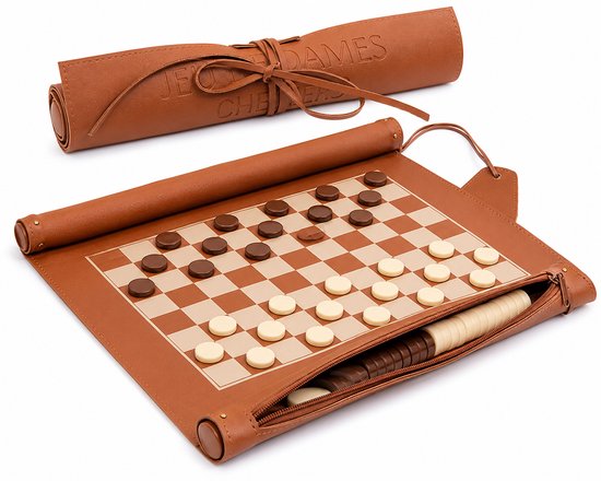 Damspel in Luxe Leren Reisuitvoering – Oprolbaar Dambord 36 x 26 cm – Cognac Bruin – Compleet Reisspel met Damstenen & Opbergvak – Draagbaar Bordspel Spelers