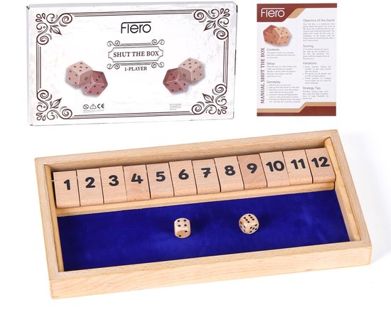 Flero Shut The Box, Houten Dobbelspel, Klepspel - 1 Speler Bordspel met 12 Klepjes en 2 Dobbelstenen - Montessori Tactiek- en Rekenspel voor Kinderen, Volwassenen en Ouderen Jaar - Reisspel, Cadeau (Blauw)