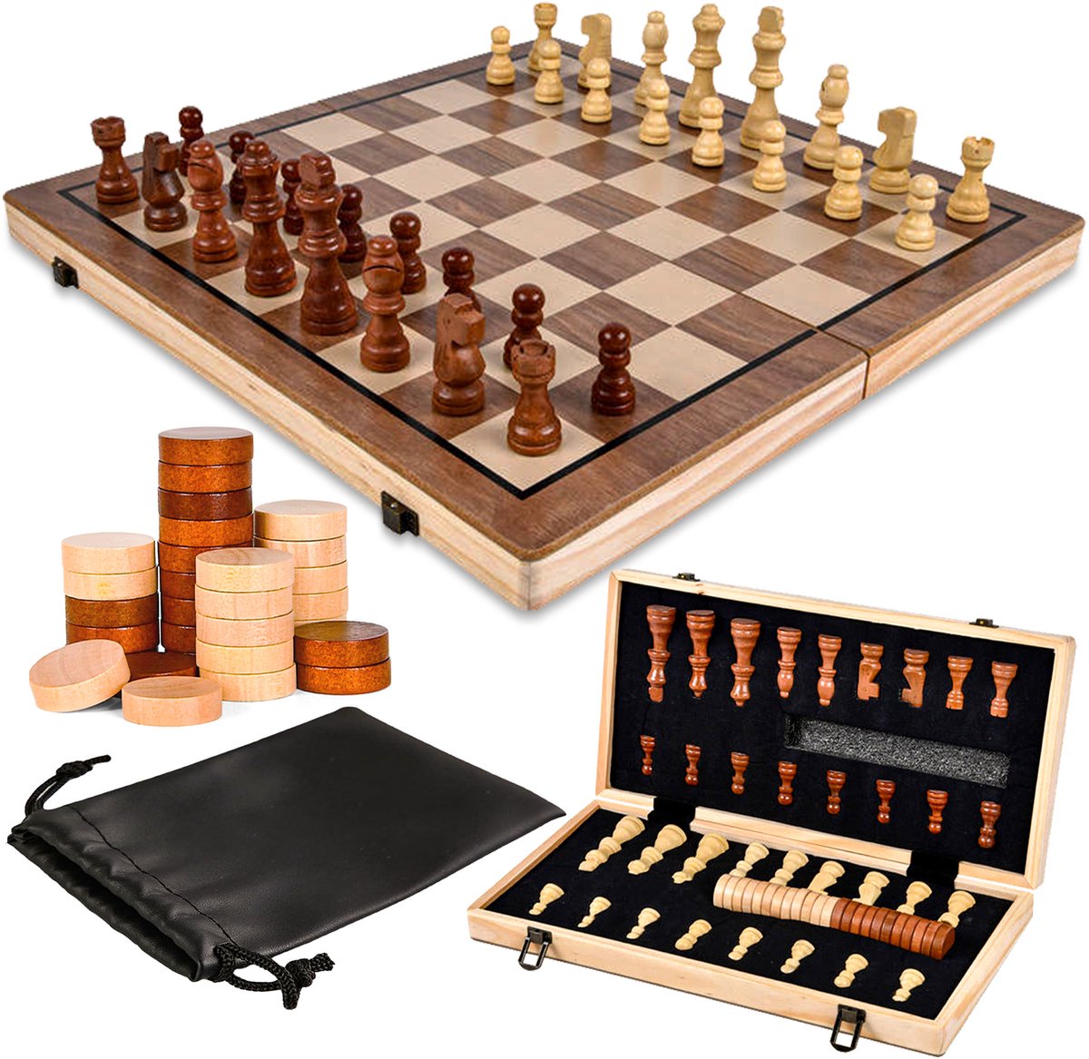 Yorify® Magnetisch Schaakbord en Dambord - Schaakspel & Damspel - Luxe Schaakset met 32 Schaakstukken en 24 Damstenen - Bordspel van Hout - Reis spelletjes voor Volwassenen & Kinderen - Schaken & Dammen - Magnet Chess - 38x38cm