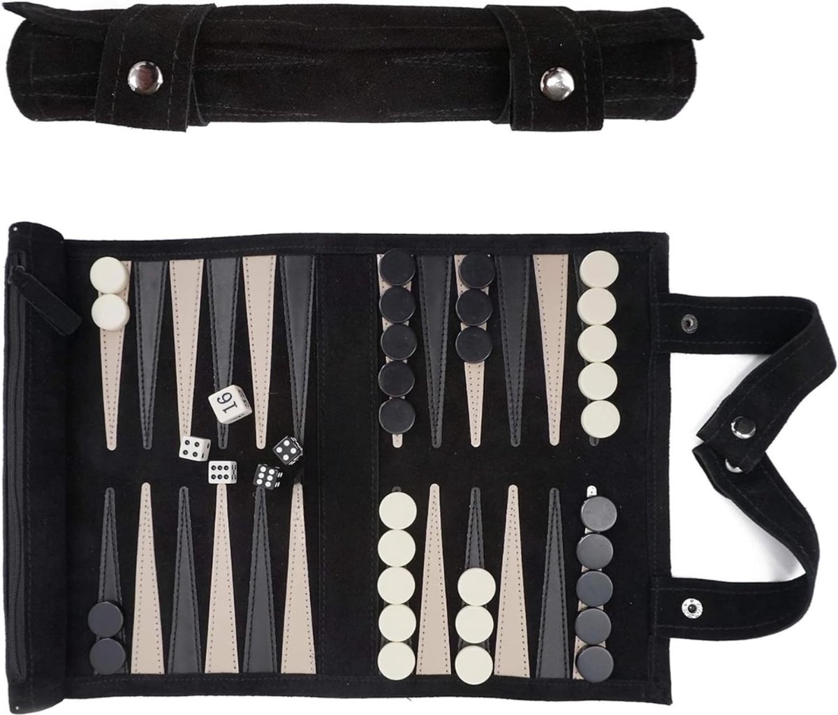 REN® Backgammon Koffer – Luxe Backgammon Set – Lederen Bordspel – Zwart - 26cm x 6cm x 6cm