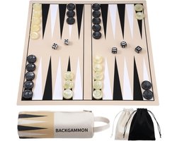 CLVP® Backgammon Koffer – Lederen Bordspel – Reisspel - Kaki met zwart