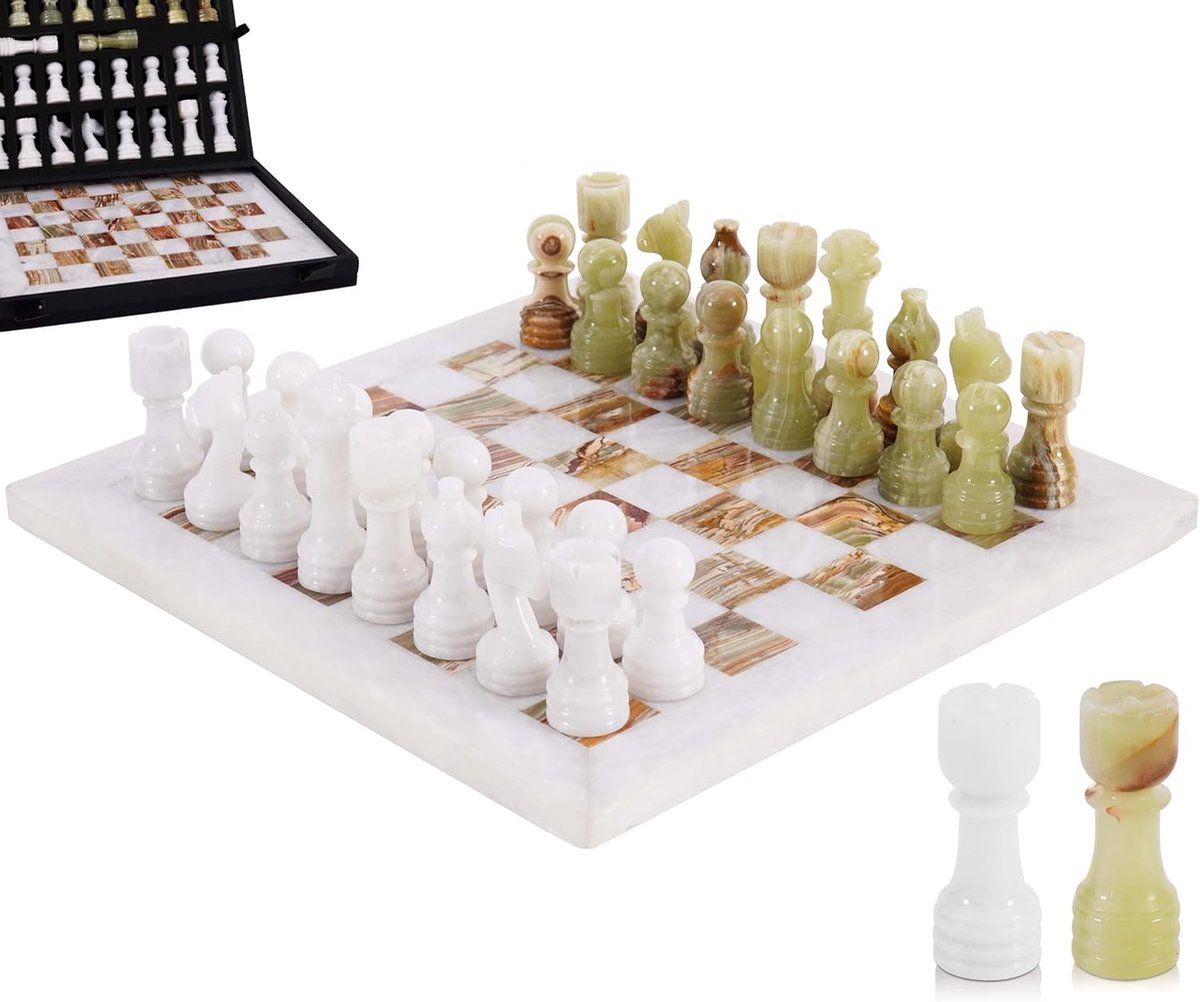 Pièces d'échecs - Blanc et Vert - 30 cm - Jeu d'échecs artisanal en marbre avec 32 pièces et boîte de rangement - Pour adultes