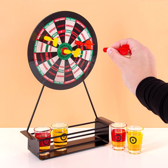 Dart Shots Drankspel – Cible de fléchettes magnétique – Comprend 4 fléchettes magnétiques – 4 verres à shot numérotés avec anneaux colorés – Jeu d'ambiance sécurisé pour adultes – Compact et idéal pour les fêtes