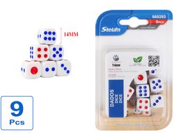 Decopatent - 9 STUKS Dobbelstenen BLAUWE EN ROOD ogen - Dobbelsteen Set van 9 stuks - Afm 1.4 x 1.4 x 1.4 Cm - Dice - Dobbelen - Dobbelstenenset voor Bordspellen - Yahtzee - Bordspel - Gezelschapsspel - Voor Dobbelsteen Spelletje