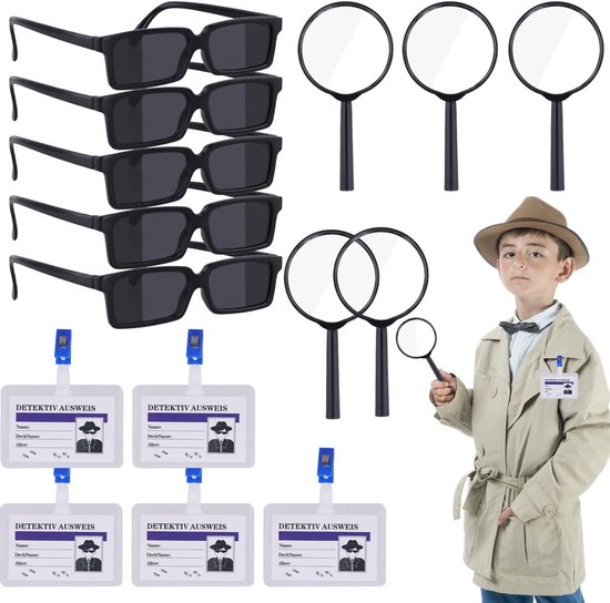 15 pièces - Jouets et jeux de détective pour enfants, Kit de détective, Badge, Loupe, Porte-carte d'agent secret, Gadgets et lunettes de détective pour Escape Game et articles de fête