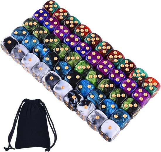 SnelShoppen - 50 Stuks 6-zijdige Dobbelstenen Set met 5 Kleuren, Eco-vriendelijk Acryl, Gratis Zakje, Ideaal voor Spellen zoals Tenzi, Farkle, Yahtzee