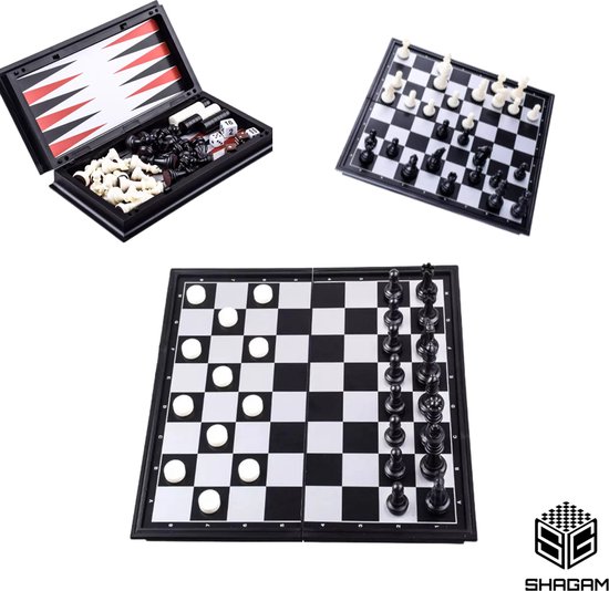 3-in-1 Bordspel - Schaakbord - Backgammon - Dambord (8x8) - 25 x 25 cm