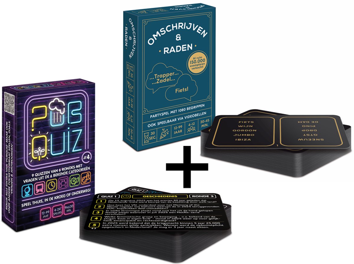 OFFRE COMBI : Pubquiz over 2025! (#4) ; 9 pubquiz de 6 manches - quizpuzzels - Jeu de cartes - Jeu de questions format poche - 198 questions sur les Pays-Bas + Omschrijven & Raden #1 - Limite de 30 secondes pour 5 notions - 1080 notions au total - grands groupes
