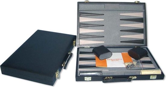 Backgammon Koffer 46 cm. Zwart Effen HOT spelregels