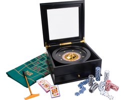 Roulette Set Compleet – Roulette Bak 36 cm met Kleed 130 x 90 cm – 200 Fiches & Croupierhark – Luxe Zwarte Houten Opbergkist – Casino Spel voor Thuis – Engelhart