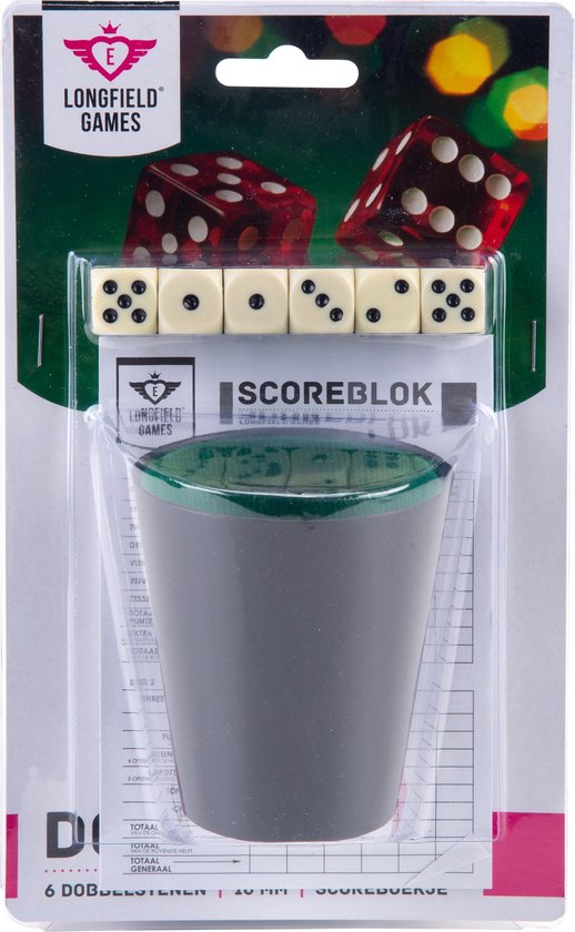 Set de dés complet - Gobelet de poker - 5 Dés 16 mm - Bloc de scores 25 feuilles - Set de jeu complet - Engelhart
