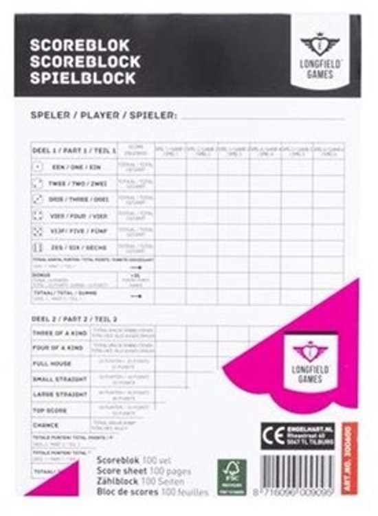 Bloc de score Yathzee 1 pièce - 100 pages