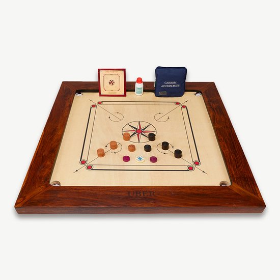 Ubergames- Carrom Board - Championship - 21kg - Made in India - 74x74cm Speelveld - Complete Set - Met Tafel